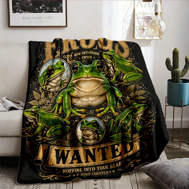 Wanted Frogs Stone Wash Flannel Blanket, Vintage Frog Collage Graphic Flannel Throw, Goblincore Cottagecore Cozy Blanket