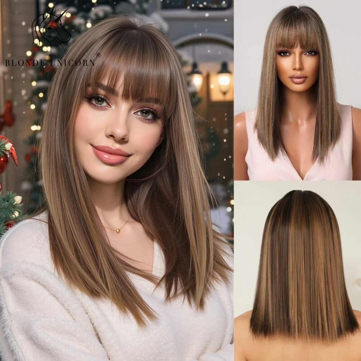 

Golden Brown Ombre Synthetic Wig Shoulder Length Straight with Bangs BLonde Highlights for Women Heat Resistant Hair for Daily