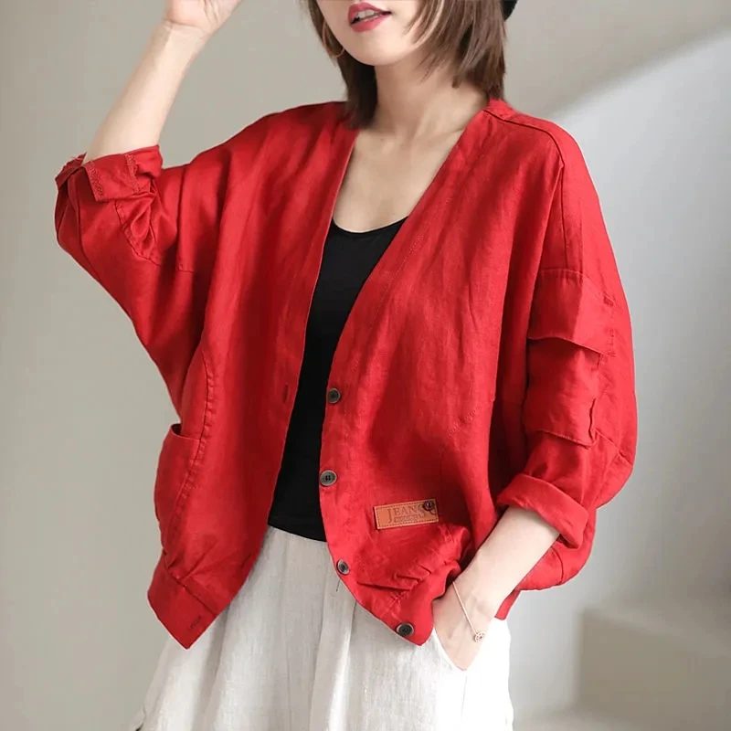 Cotton And Linen Short Coat Women's 2022 Spring New Literary Retro Casual Loose Button V-Neck Long-Sleeved Cardigan Female Top