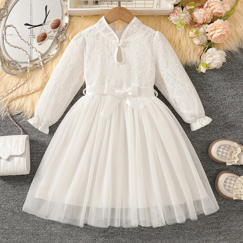 

LS00139Children's Clothing Wholesale Girl Elegant Solid Color Lace Dress Piano Wedding Performance
