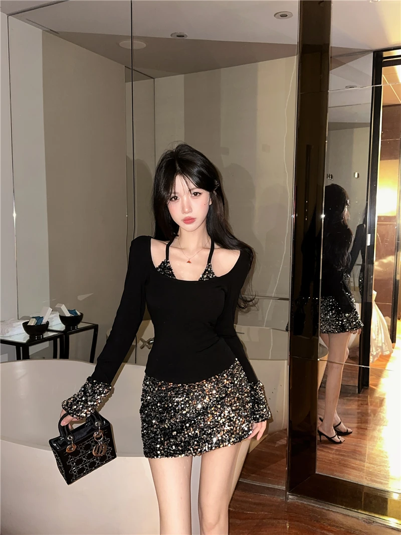 

Ele Long Sve T-irt And Skirt Set for Women Slim Fit Glitter Ne Hanging Design Faionable plus Size Available