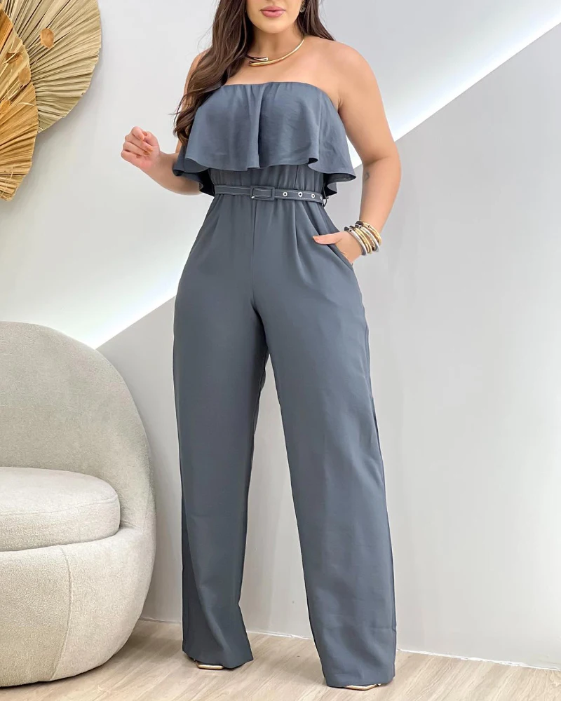 2025 Spring Bandeau Sleeveless Ruffles Jumpsuit with Belt Casual Waist Pocket Design Romper