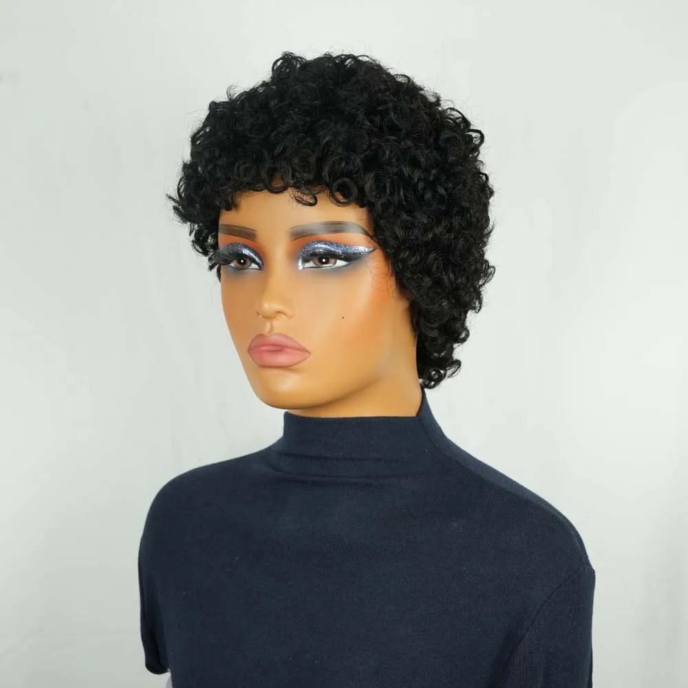100% человеческие волосы, парик с стрижкой пикси, кудрявый черный парик Kniky для женщин, машинное производство, натуральная текстура, короткий парик из волос