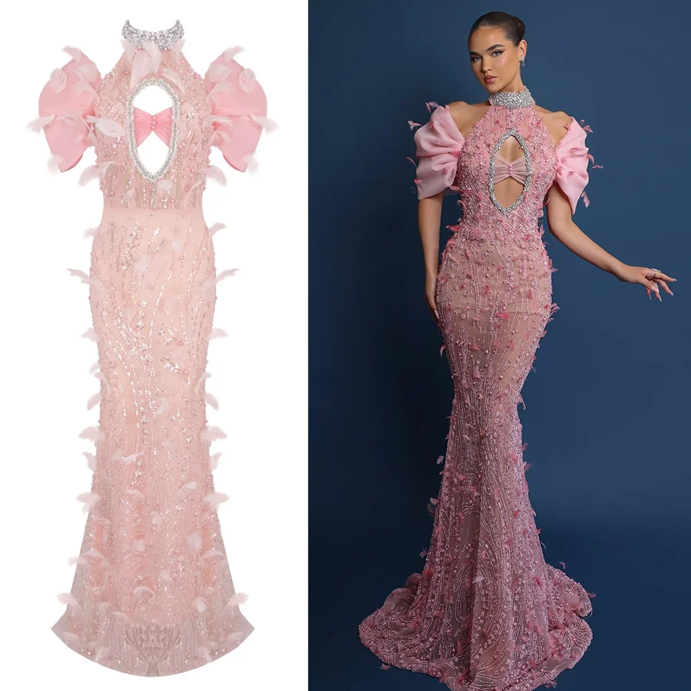 Elegante abito da sera con perline rosa con spalle gonfie e dettagli ritagliati – Abito lungo formale di lusso per donna Vestido