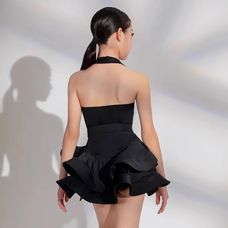 키즈 소녀 볼룸 전문 의상 어린이 등이없는 점프 슈트와 더블 레이어 피쉬본 스커트 현대 무용 의류