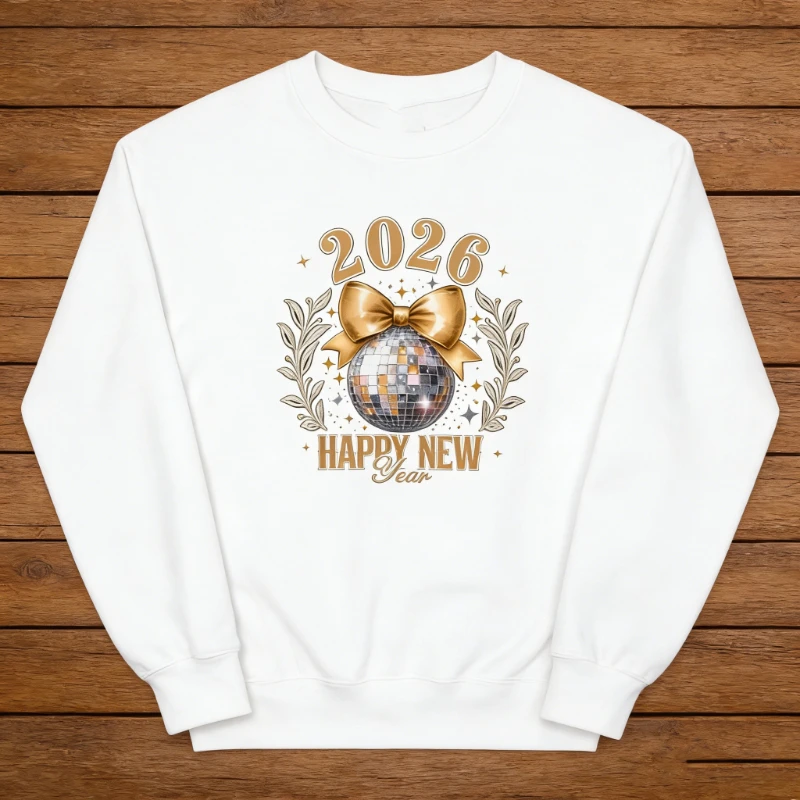 Bluza unisex z okazji Nowego Roku 2026 z motywem kuli dyskotekowej i złotą kokardą, świąteczna bluza z okrągłym dekoltem dla dorosłych.