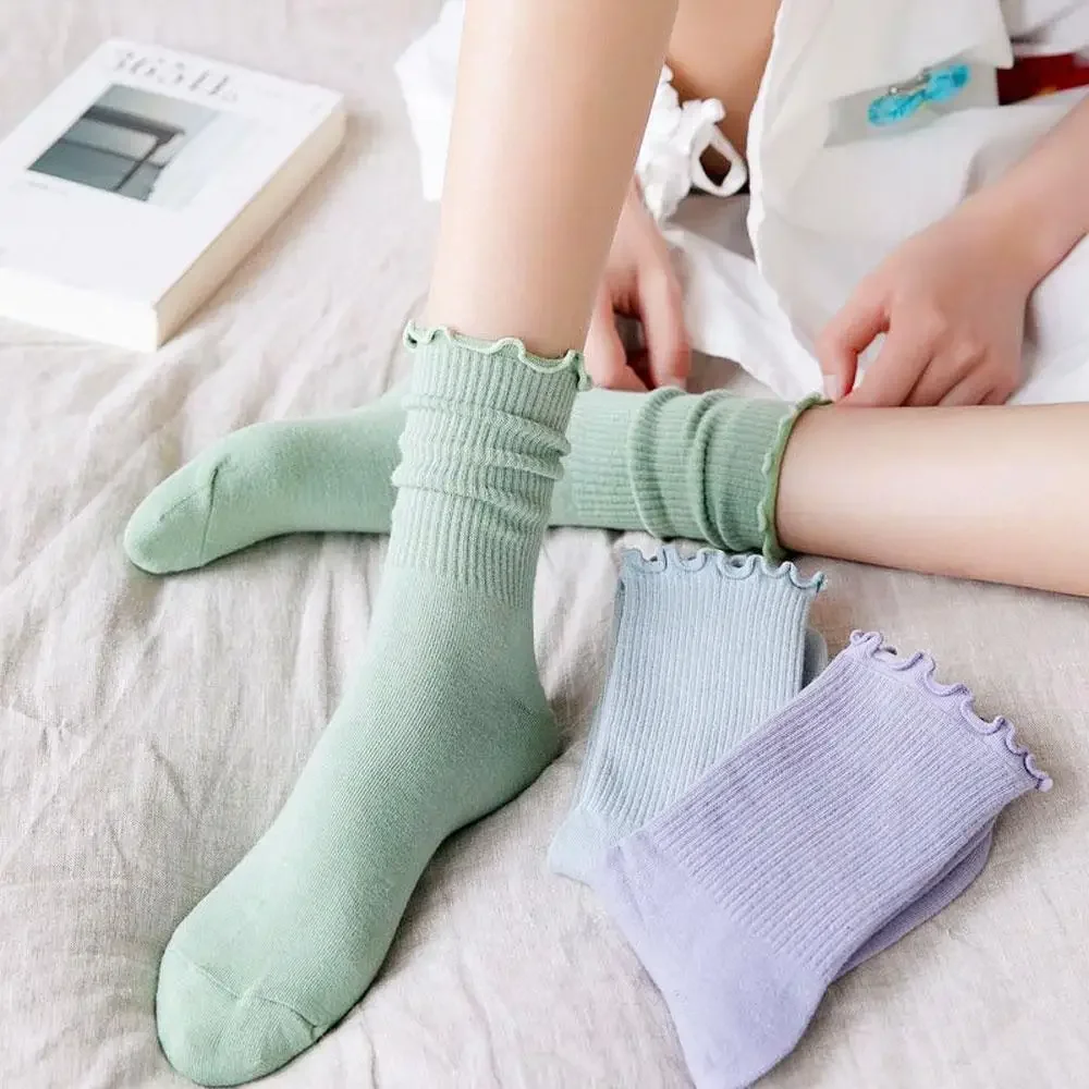 White Socks Women Cute Kawaii Frilly Ruffle Socks Cotton Purple Japanese Candy Skateboard Sport Socks Black