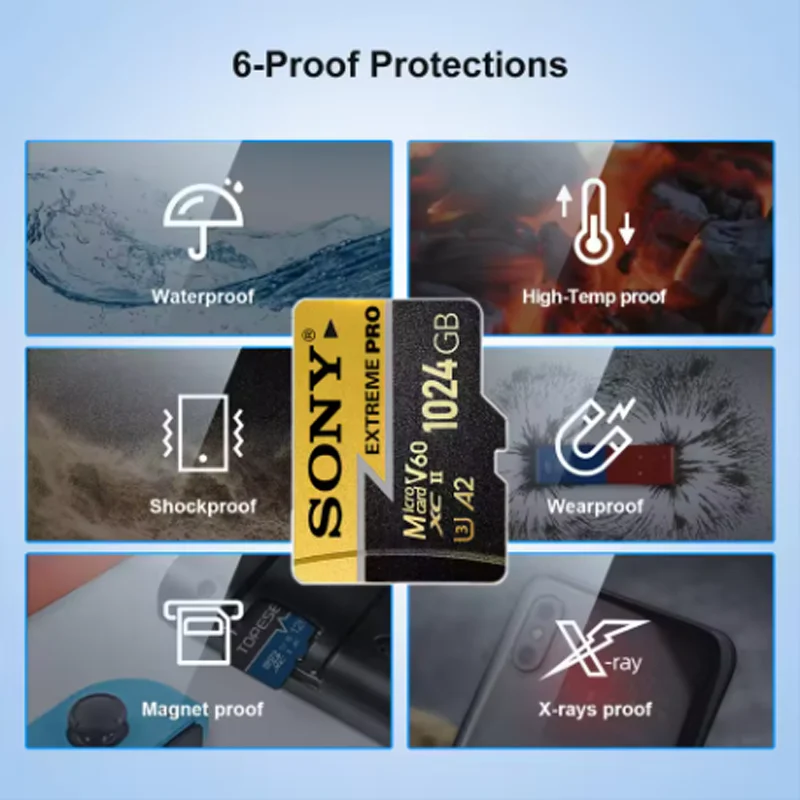 การ์ดหน่วยความจำ SONY 2025 รุ่นใหม่ V60 Extreme Pro Micro TF SD Card ความเร็วสูง 64GB 128GB 256GB 1TB 4K UHD สำหรับโทรศัพท์ คอมพิวเตอร์ กล้อง และโดรน
