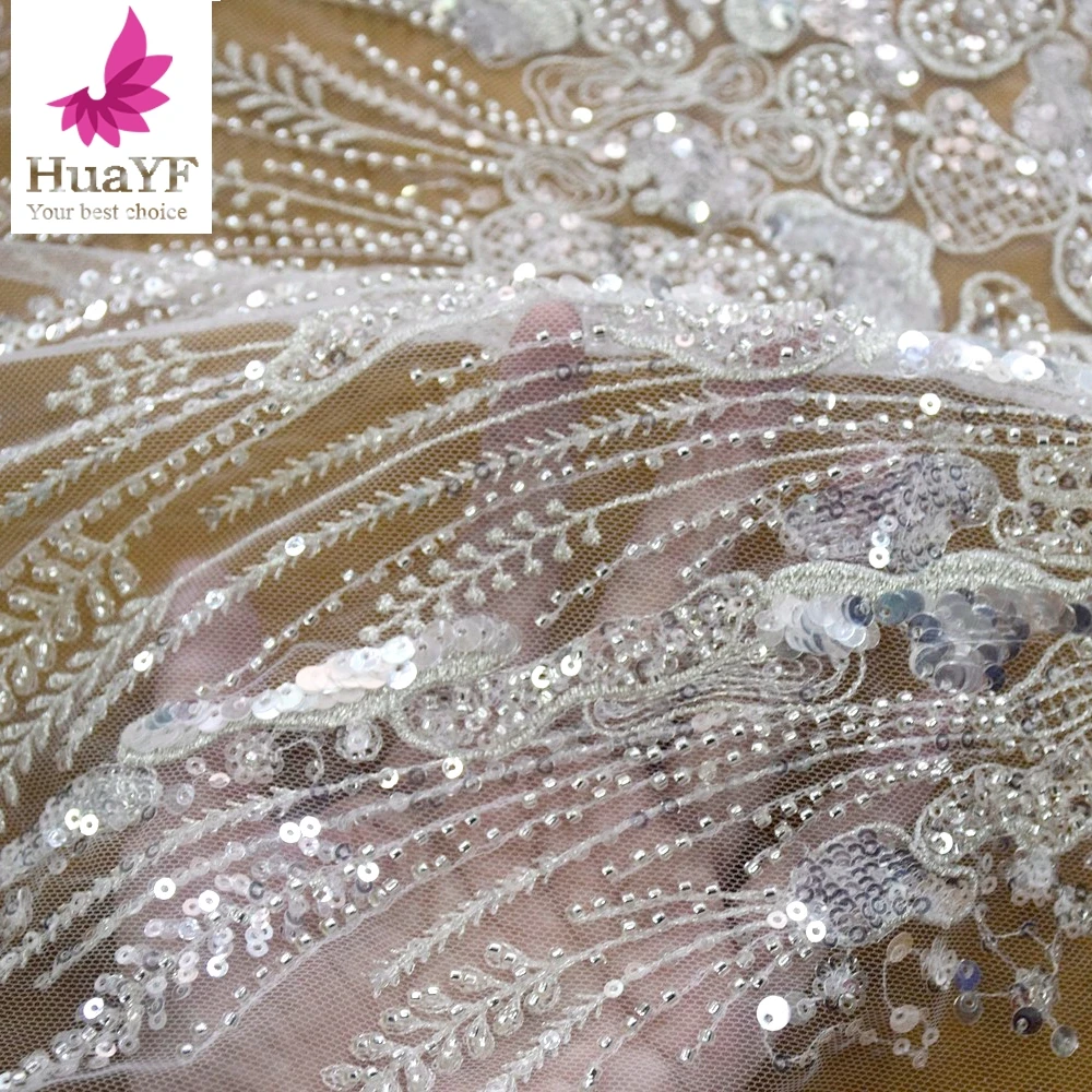 Shiny White Bridal Tulle Lace with Sequins Mesh Beaded Fabric For Women Wedding Dress HY1562-3