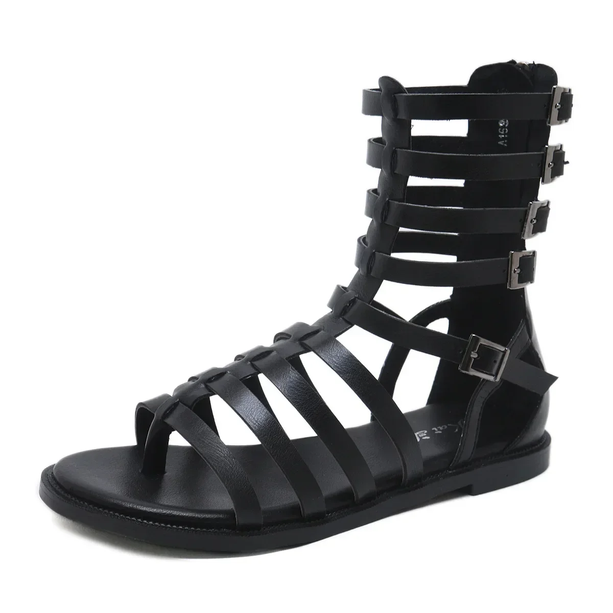 Black Rear Zipper High Top Comfortable Women\'s Sandals Summer Sexy Peep Toe Narrow Band Hollow Roman Cool Boots Flat Shoe