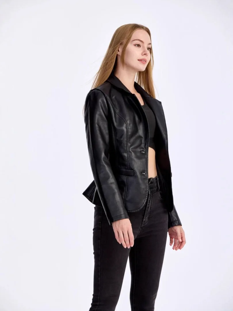 Korean version lapel PU leather jacket, women's slim fit, thin motorcycle suit jacket, autumn jacket, women's clothing