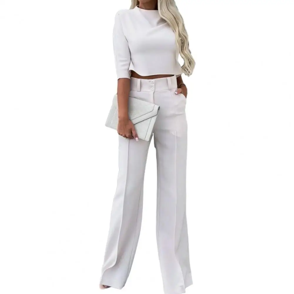 Women Wide-leg Pants Stylish Women's 2-piece Suit Solid Color Wide Leg Pants Crop Top Set for Chic Commute High Waist Fashion