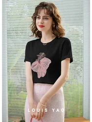 ルイは女性の3Dパッチ刺繍Tシャツ,ラウンドネックTシャツ,半袖,カジュアル,シックなプルオーバー,夏のトップス,2024