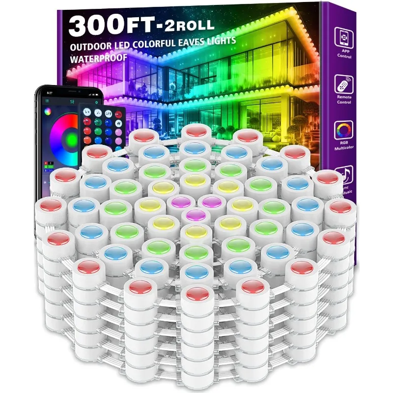 300FT Permanent Outdoor RGB Lights - IP67 Waterproof with Smart App Control Remote, DIY Scene Modes, Music Synchronization
