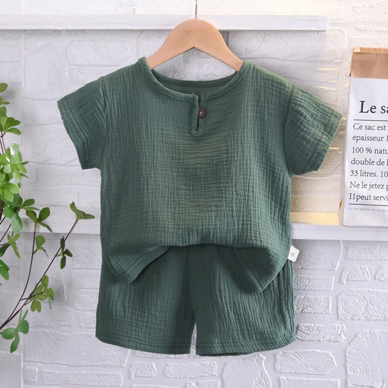 2024 Summer New Boys Solid Color Cotton and Hemp Short Sleeve Set Fashion Clothing Kids Fashion Two Piece Set Boutique Clothing