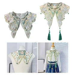 Women Girls Chinese Embroidered Butterfly Flower False Collar Pearl Tassels Small Yunjian Shawl Scarf for Dresses