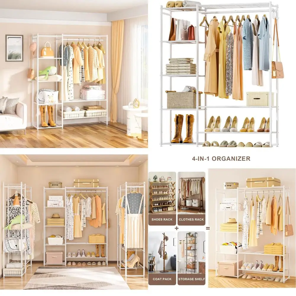 

Portable Metal Clothes Rack with Shelves - Free Standing Wardrobe Organizer for Clothing Storage (White)
