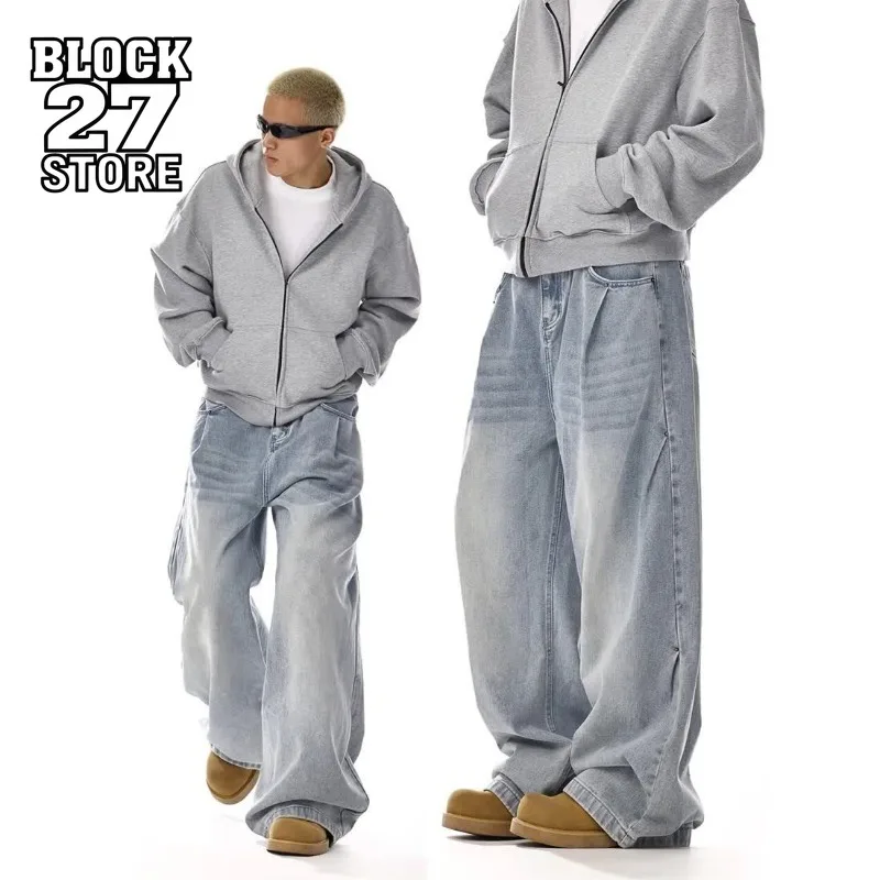 

Мужские джинсы Harajuku, американские винтажные потертые брюки Cleanfit High Street, прямые свободные широкие джинсовые брюки унисекс, модный стиль, новинка