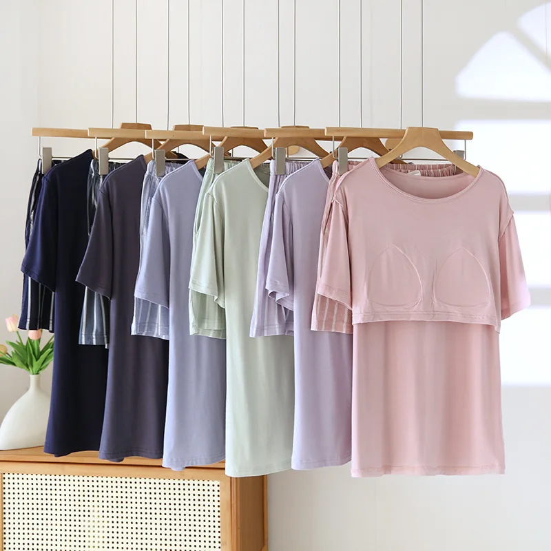 

Summer Pajamas Set 2 Piece Woman Nightwear Modal With Chest Cup Home Suit For Women Loose Short Sleeve Sleepwear Pyjama
