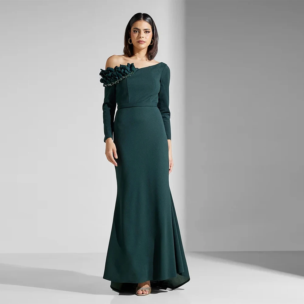 

Зеленое женское вечернее платье на одно плечо, платье русалки для выпускного вечера с длинными рукавами, вечернее платье длиной до пола, расшитое бисером, Саудовское платье