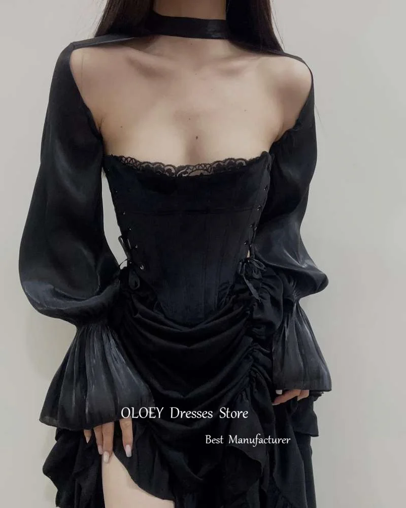 OLOEY Black Evening Dresses With Jacket Long Sleeves Lace Taffeta Ruffles Party Dress Girls Formal Occasion Gowns Robe de soiree