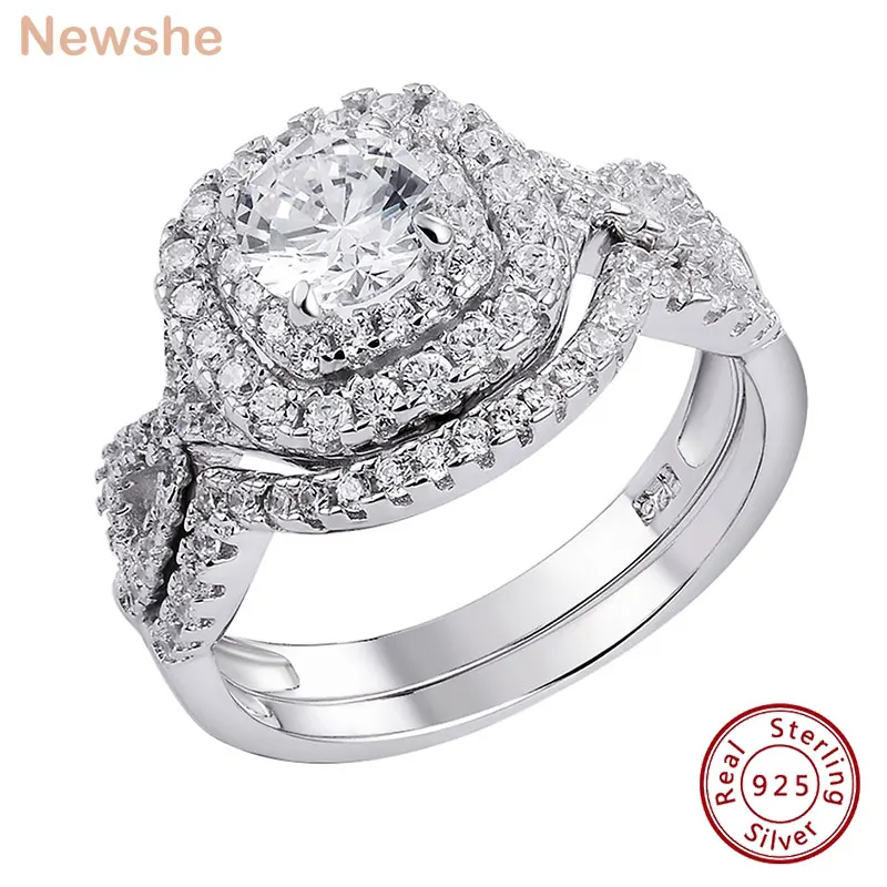 newshe pcs anel de casamento conjunto para as mulheres genuine 925 sterling silver 18ct corte redondo aaaaa cz joias tamanho 413 01