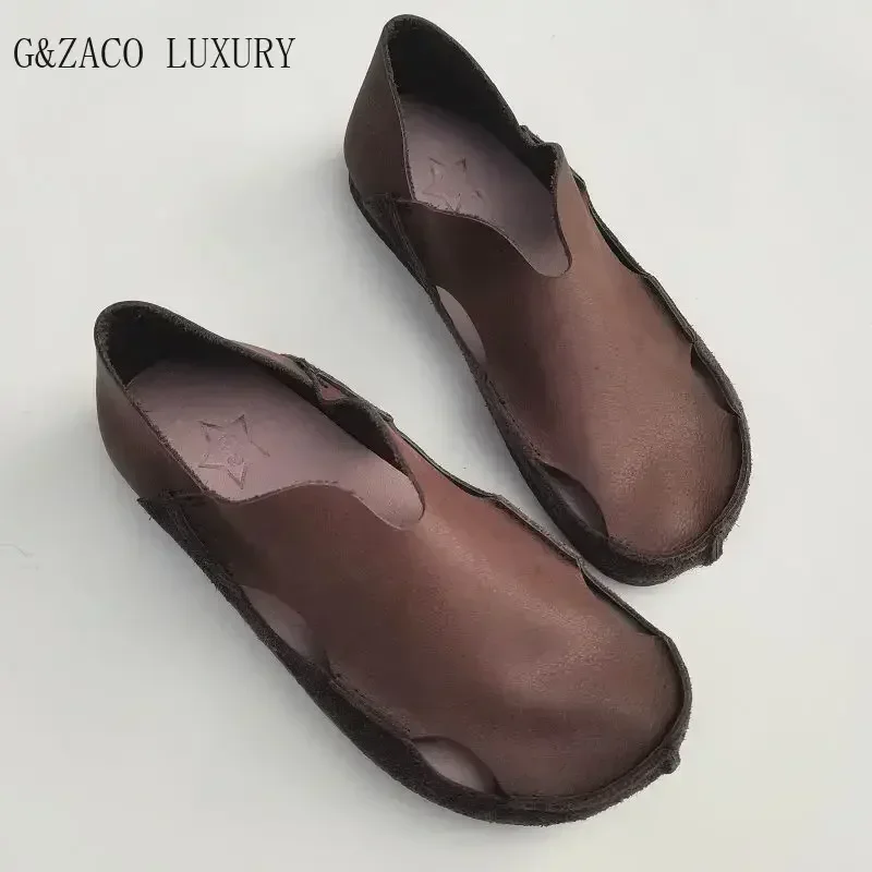 Summer genuine leather retro women's men's shoes breathable hollow flat and soft cowhide sole handmade single shoes cowhide