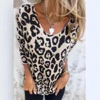 2025 الربيع والخريف المرأة ليوبارد تي شيرت مطبوع موضة عادية س الرقبة طويلة الأكمام البلوز تيز للإناث