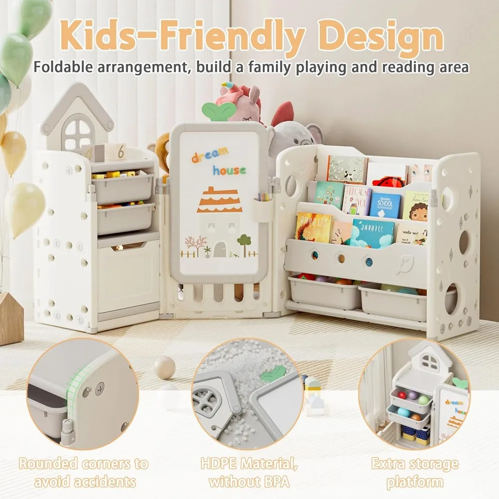 10-bin foldable toy organizer with 3-tier bookshelf for kids' storage