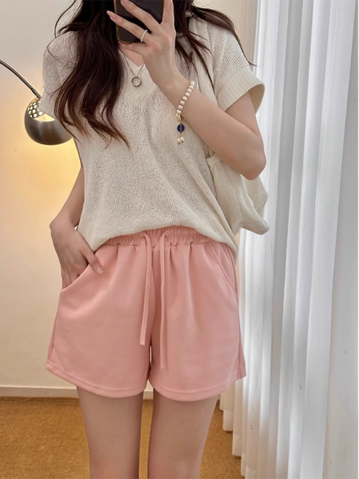 Pink Sports Shorts Women's Thin Casual Loose Wide Leg Three-quarter Length High Waist Elastic Waistband Asymmetrical Design