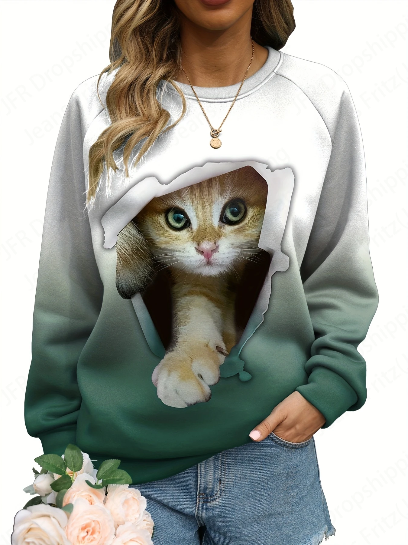 Funny Women\'s Hoodie 3D Cartoon Hole Breaking Cat Print Sweatshirt Casual O-Neck Hoodie Fashion Womens Sweats Spring Autumn Coat