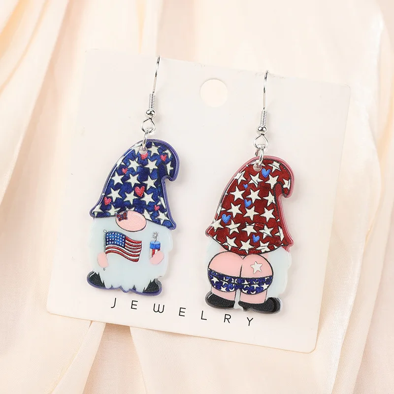 2 Pcs Fashion Cartoon Asymmetrical Elderly Reversible Acrylic Multicolor Dangle Earrings Woman Celebrated USA Independence Day