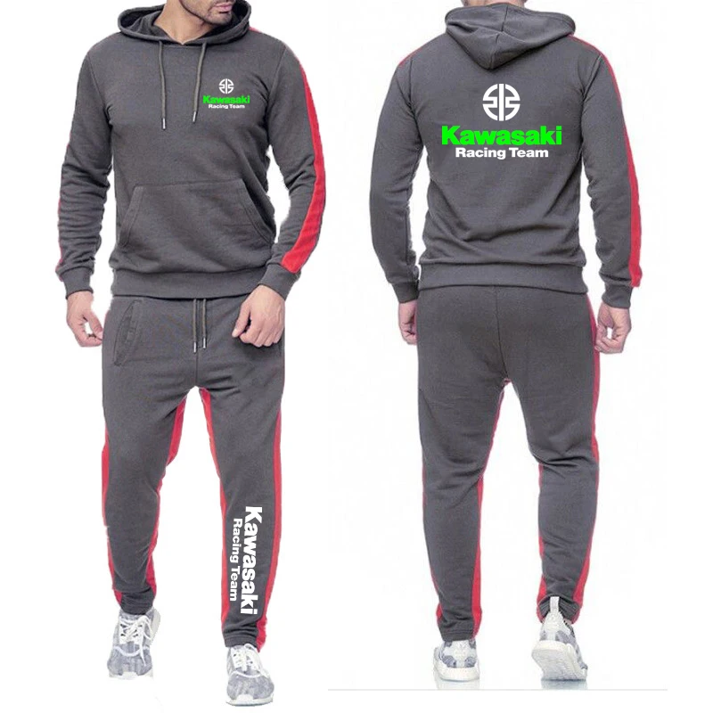 Spring Autumn Man Two-piece Set Solid Color Sets Kawasaki Motorcycle Racing Logo Print Cool Hoodies+Sports Pants Fashion Suits