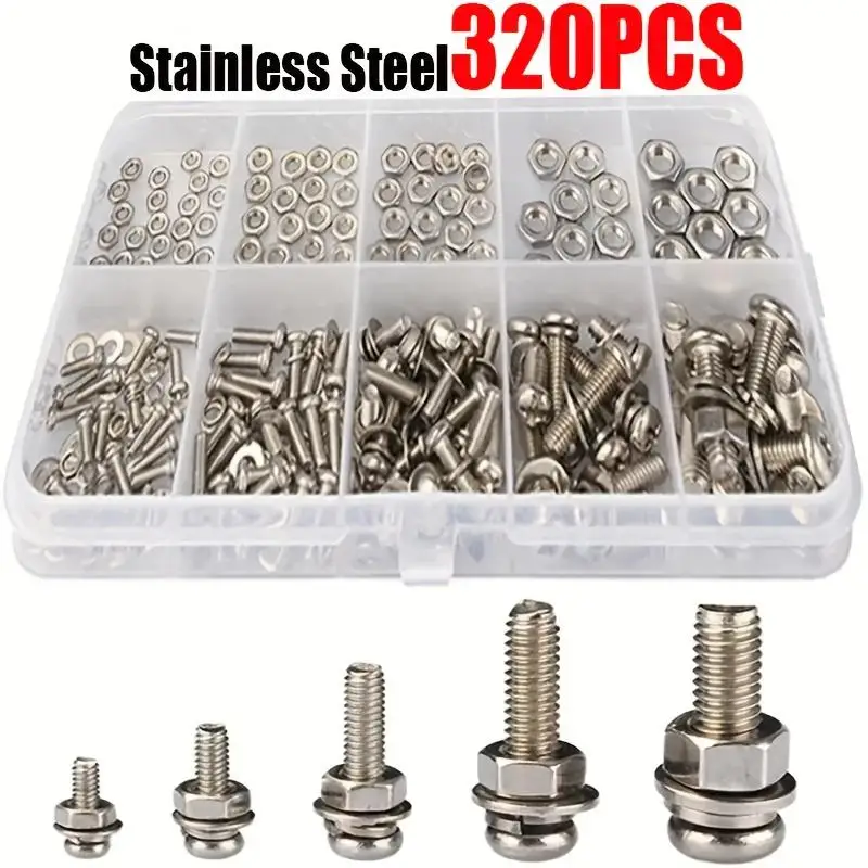 320Pcs Stainless Steel Screws Nuts Washers Assortment Kit, M2 M2.5 M3 M4 M5 Bolts Nuts Hardware Fasteners Set with Storage Box F