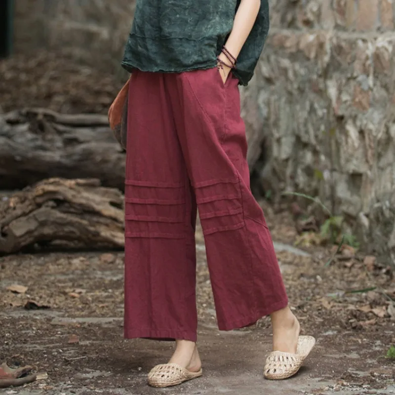 

Yasuk AllSeason Female Casual Soft Loose Cotton Linen Wide-Legged Chinese Style Retro Solid Nine-quarter Pants Pleats