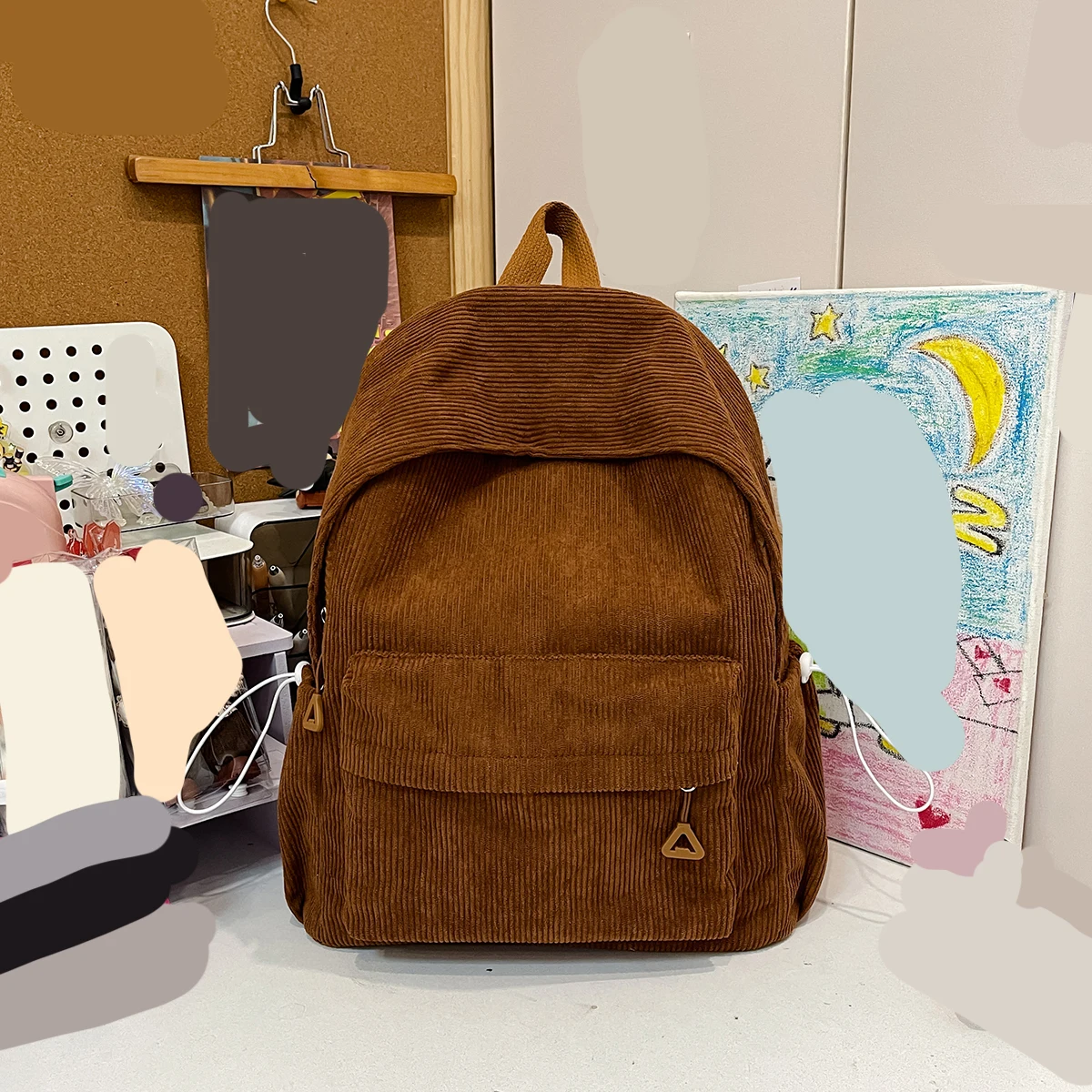 Women Corduroy Multi-Purpose Backpack Multi-Pockets Soft Strip Plush Knapsack Stylish Laptop Rucksack Lightweight Trip Backpacks