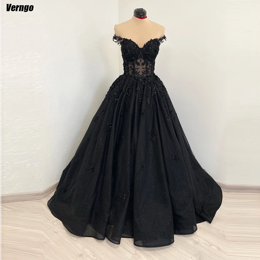 Verngo Black Gothic Glitter Wedding Dresses Sweetheart Off Shoulder Appliques Bridal Gown A-line Bride Dress Vestidos De Novia