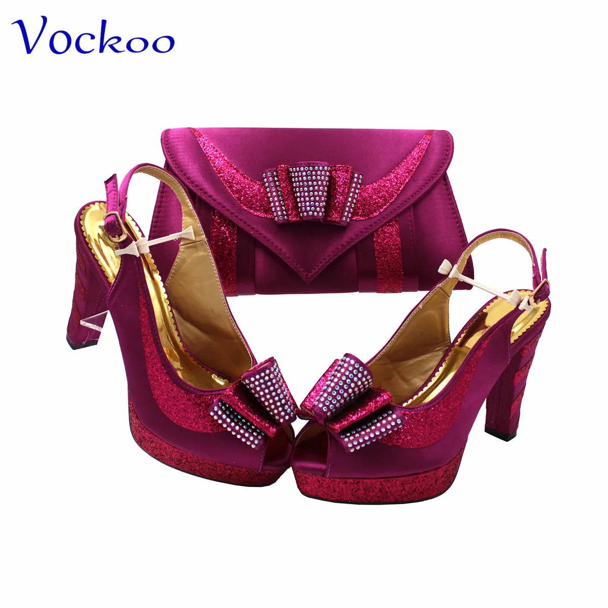 2023 High Quality Italian Women Shoes Matching Bag Set in Magenta Color Peep Toe with Platform