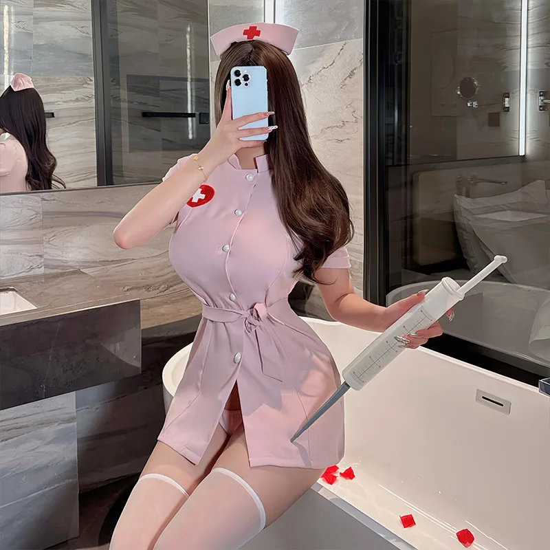 New Sexy Lingerie Nurse Uniform Collocate Nurse Cap Unbuckle T Pants Passion Night Wrap Hip Skirt Puffy Nurse Dress Costume Gift