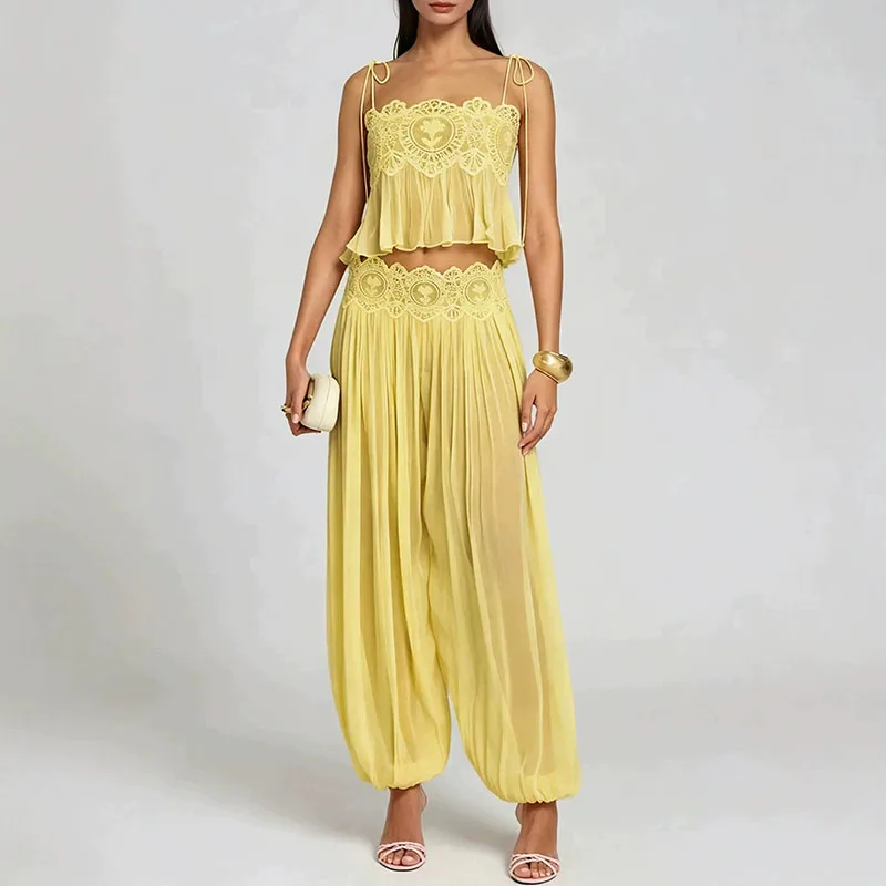 Boho Lace Trim 2 Piece Outfit Spaghetti Strap Crop Top High Waist Harem Pants 2pcs Set Women Summer Solid Beach See Through Suit view 3
