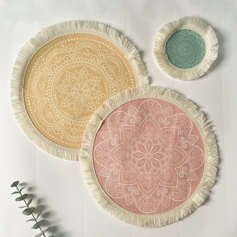 Bohemian Cotton Round Placemat Heat-Resistant Anti-Scald Table Mat with Tassels for Home Kitchen Cup Coaster view 5