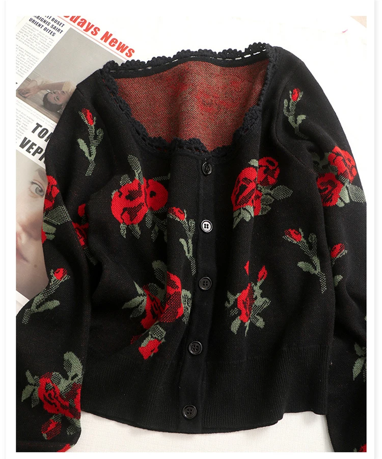 High Quality Women Spring Autumn New Sweet Cute Vintage Floral Embroidery Slim Knitted Cardigan Sweater