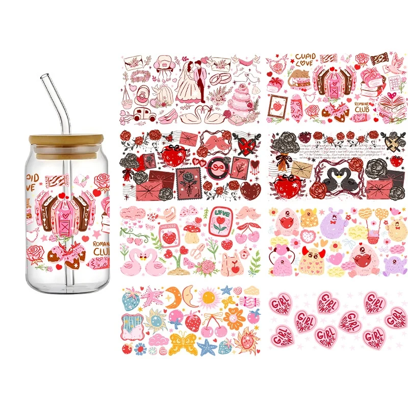 3D Valentine's Day UV DTF Transfer Sticker Libbey 16oz Glass Cups Wraps Coffee Mug Decals Party Love Patter Home Decor
