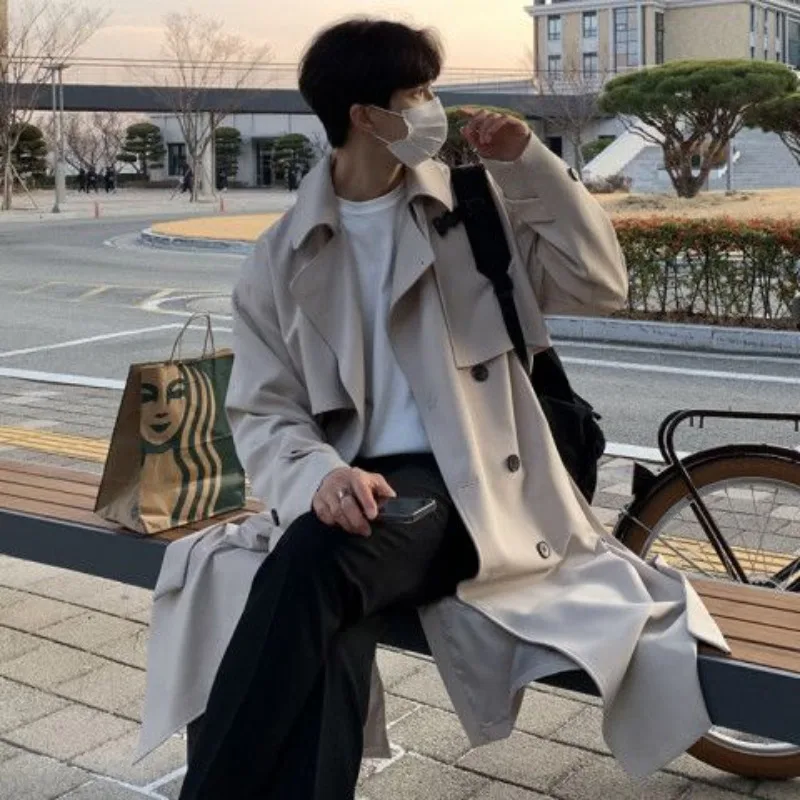 

Men Long Loose Double-breasted Overcoat Korean Style Oversized Lengthened and In Large Sizes New Spring Autumn Thin Windbreaker