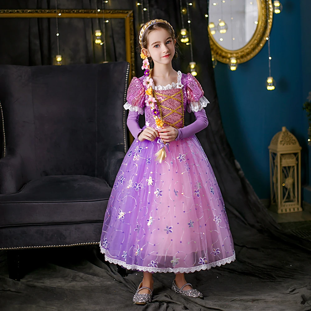 Kinder Rapunzel Kleid Mädchen Geburtstags feier Prinzessin Kleid Kinder Karneval verkleiden Halloween Cosplay Kostüm Perücke Kopf bedeckung