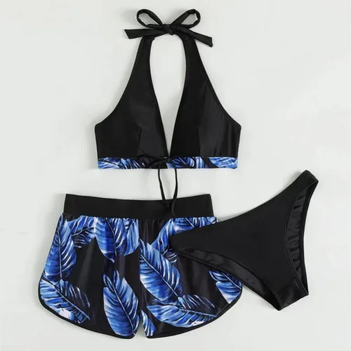 Imagen 2 del producto Bikinis de playa sexis para mujer, conjunto de Bikini de tres piezas, traje de baño de cintura alta, traje de baño con estampado de hojas, ropa de playa para mujer, traje de baño
