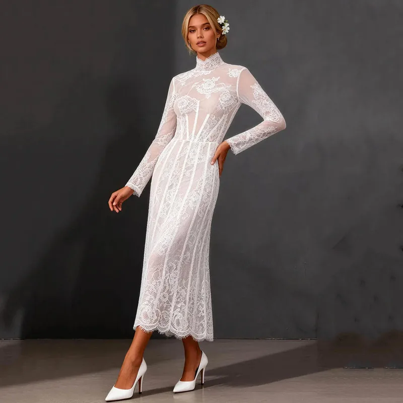 

Customized Elegant High Neck Lace White A-Line Wedding Dress Long Sleeves Illusion Backless with Zipper Pleat Ankle-Length 2026