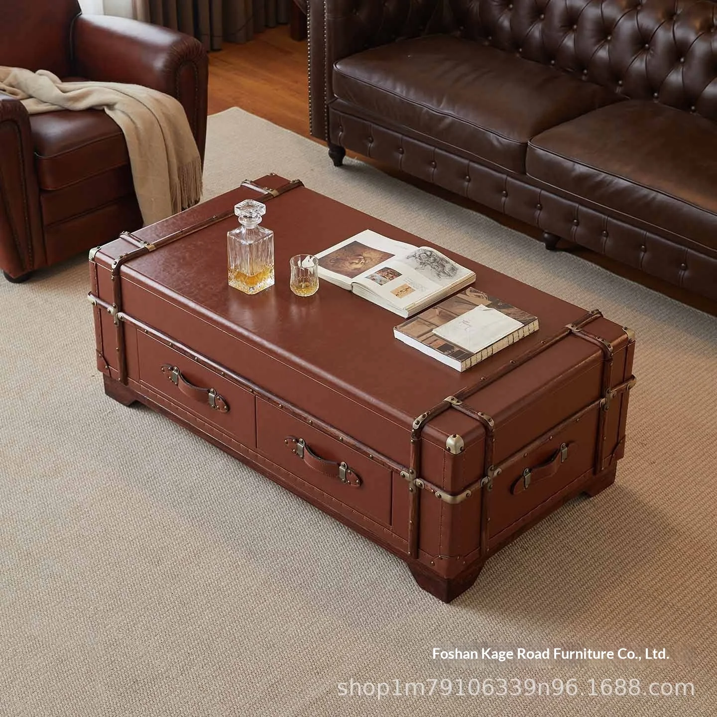 American-Style Retro Solid Wood Coffee Table PVC Top Adjustable Storage Compartment Multi-Functional Lifting Storage Table