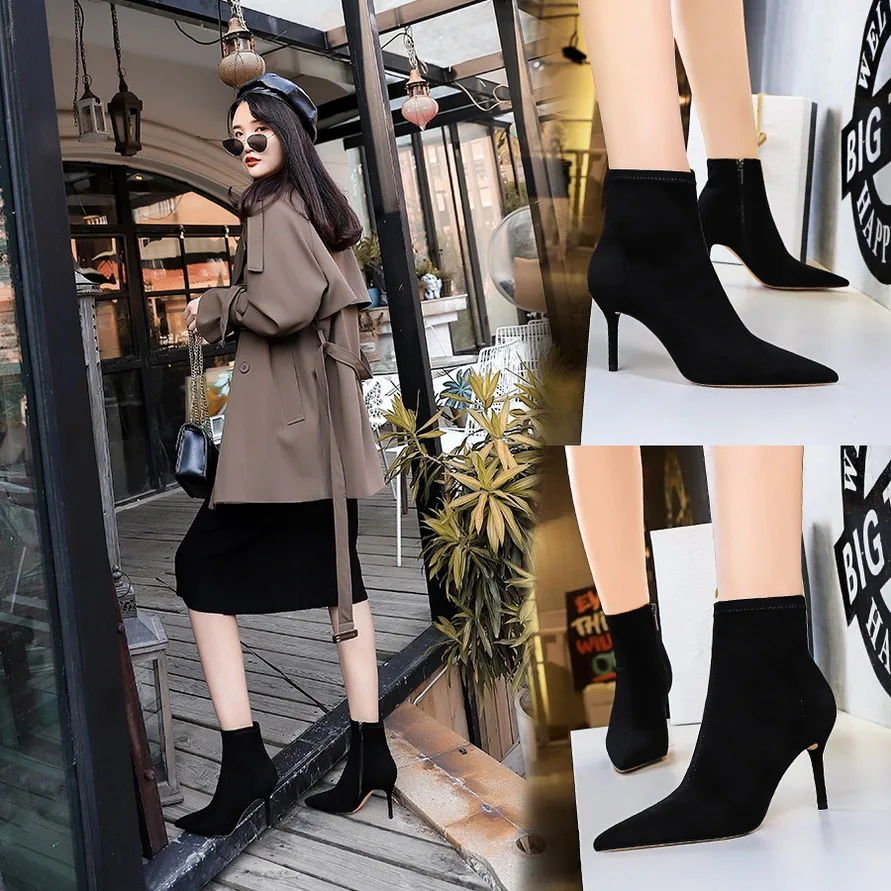 

Style Fashionable Simple Slim High-heeled Suede Pointed Sexy Nightclub Slimming Short Women Shoes Nude Boots High Heels Pumps