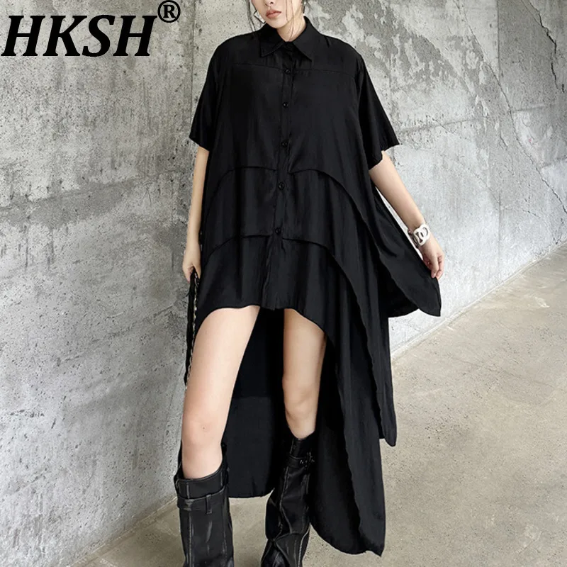HKSH Spring Summer New Women Dress Irregular Hem Short Sleeves Single Breasted Casual Dark Elegant Ins Oversized Dresses HK16641